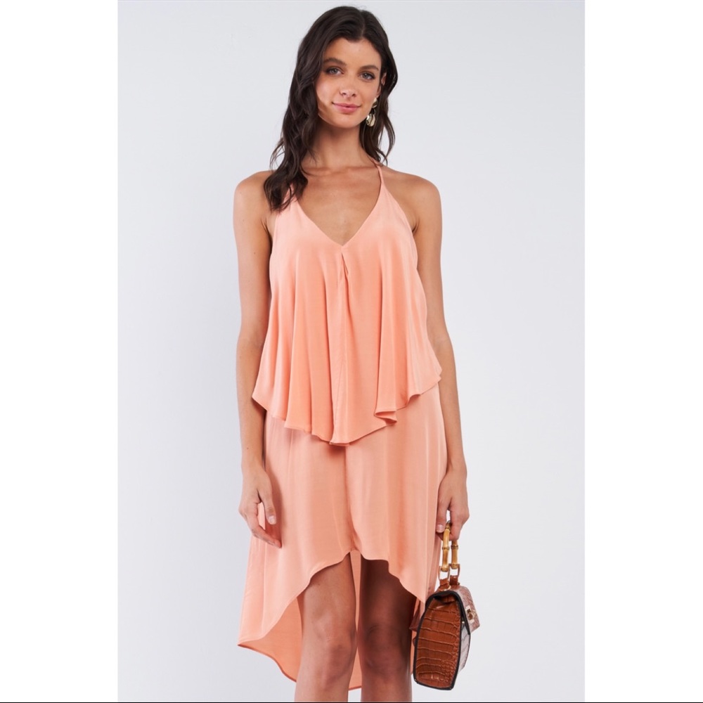 Sugarlips Peach Asymmetrical Flowy Halter High Low Dress